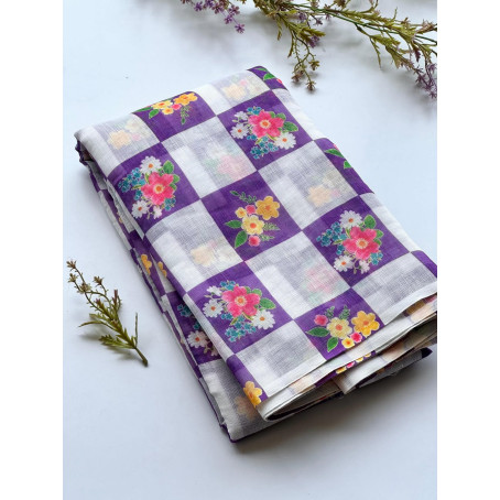 Purple Floral Checkered Soft Cotton Saree  Lightweight Casual & Daily Wear Saree