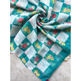Teal Blue Floral Checkered Soft Cotton Saree  Lightweight Casual & Daily Wear Saree