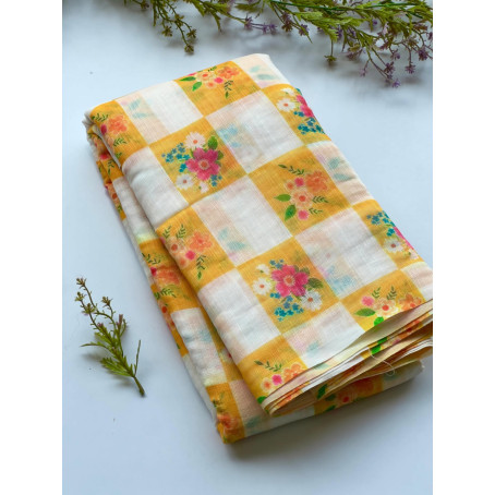Sunshine Yellow Checkered Saree with Floral Prints