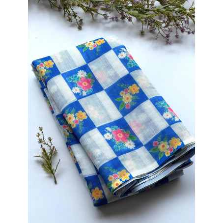 Royal Blue Checkered Linen Cotton Saree with Floral Prints